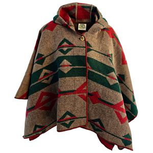 Green Beige Red Hooded Unisex Ethnic Camper Poncho
