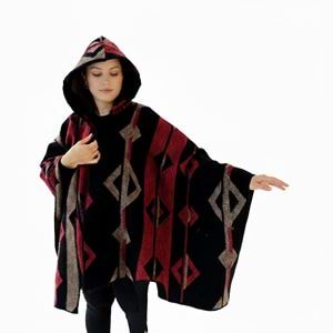 Red Beige Black Hooded Unisex Ethnic Camper Poncho