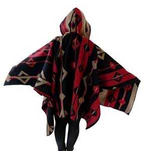 Red Beige Black Hooded Unisex Ethnic Camper Poncho