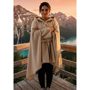 Beige Polar Fleece Hooded Unisex Ethnic Camper Poncho