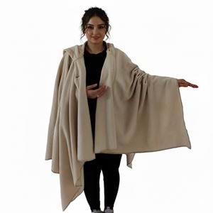 Beige Polar Fleece Hooded Unisex Ethnic Camper Poncho