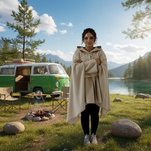 Beige Polar Fleece Hooded Unisex Ethnic Camper Poncho
