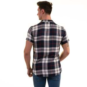 Navy Gray Red Plaid Men's Short Sleeves Shirt