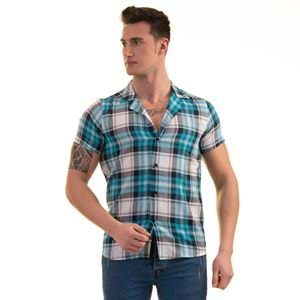 Turquoise Navy Grey Plaid Men's Short Sleeves Shirt