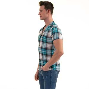 Turquoise Navy Grey Plaid Men's Short Sleeves Shirt