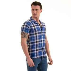 Blue Navy White Plaid Men's Short Sleeves Shirt