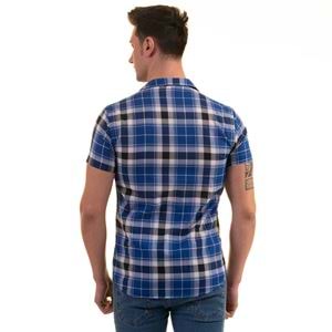Blue Navy White Plaid Men's Short Sleeves Shirt