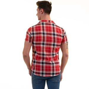 Red Black White Plaid Men's Short Sleeves Shirt