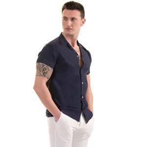 Navy Solid Men's Camp Collar Vacation Shirt