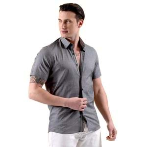 Gray Oxford Cotton with Contrast Placket Men's Short Sleeves Shirt