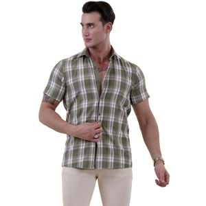 Green Burgundy Plaid Classical Men's Short Sleeves Shirt