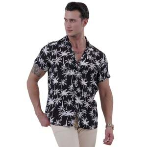 Black White Hawaii Digital Print Camp Collar Men's Short Sleeves Shirt