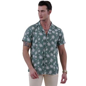 Leaf Green White Palm Digital Print Camp Collar Men's Short Sleeves Shirt