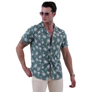 Leaf Green White Palm Digital Print Camp Collar Men's Short Sleeves Shirt