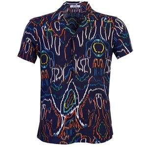 Navy Blue Brush Pen Digital Print Camp Collar Men's Short Sleeves Shirt