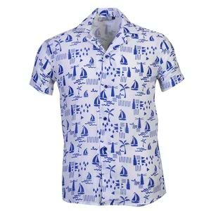 White Blue Ship Digital Print Camp Collar Men's Short Sleeves Shirt