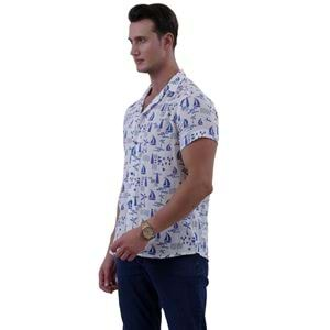 White Blue Ship Digital Print Camp Collar Men's Short Sleeves Shirt