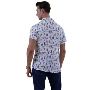 White Blue Ship Digital Print Camp Collar Men's Short Sleeves Shirt