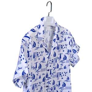 White Blue Ship Digital Print Camp Collar Men's Short Sleeves Shirt