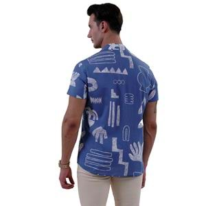 Blue White Ethnic Men's Hawaiian Summer Shirt