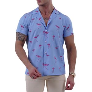 Blue and Pinkish Flamengo Men's Hawaiian Summer Shirt