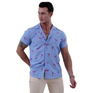 Blue and Pinkish Flamengo Men's Hawaiian Summer Shirt