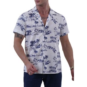 White with Navy Palm Trees Men's Hawaiian Summer Shirt