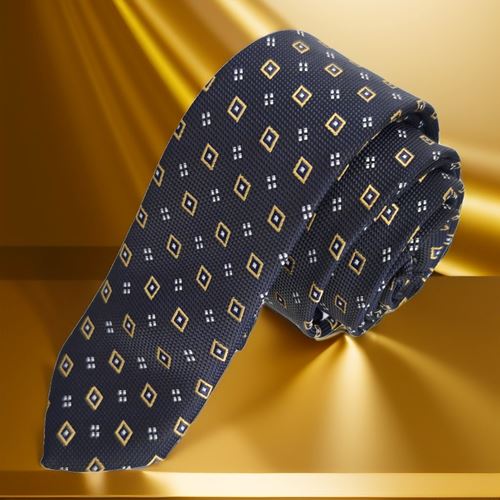 Gold Checkered Jacquard Woven Slim Fashion Slim Tie on Navy Blue
