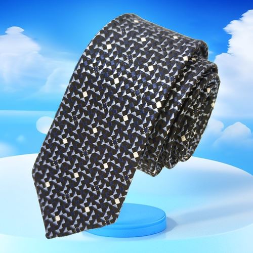 Blue Triangle Patterned Jacquard Woven Slim Fashion Slim Tie on Navy Blue