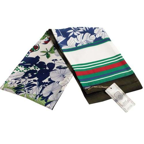 Blue Green Floral Cotton Wool Double Face Scarf