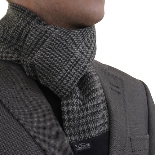 Gray Black Plaid Designer Wool Mens Scarf