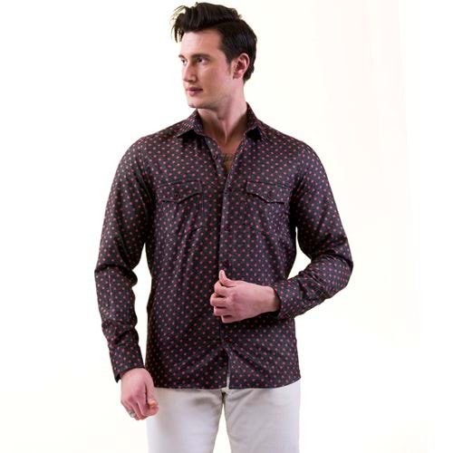 Red Polka Dot on Black Wool Men's Shirt
