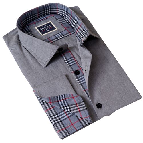 Gray Oxford inside Plaid French Cuff Shirt