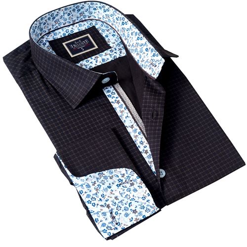 Brown Beige Geometric Designer French Cuff Shirt