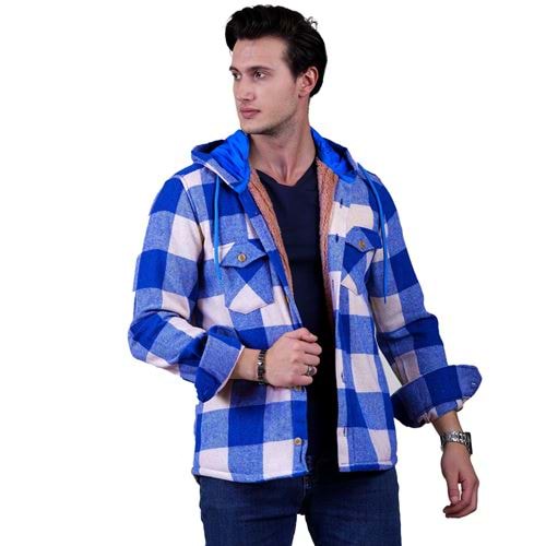 Sky Blue Beige Checkered Men's Fur Lined Jacket Shirt