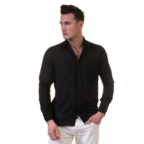 Black Cotton Lycra Western Men's Shirt