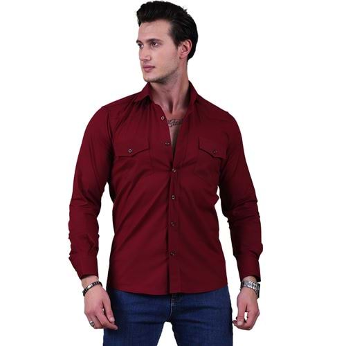 Burgundy Cotton Lycra Western Men's Shirt