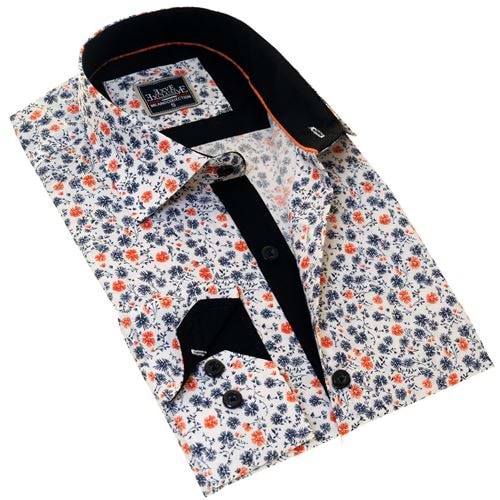 White with Navy and Orange Flower Printed Men's Shirt