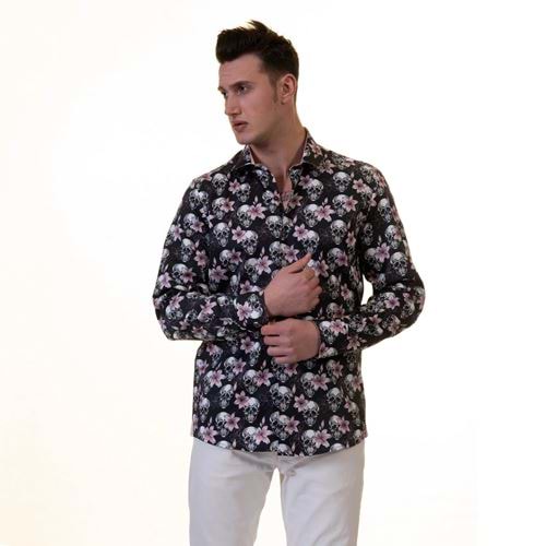 Pink Floral Skull Printed Printed Cotton Men's Shirt