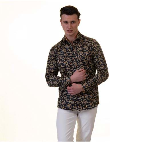Navy Gold Leopard Printed Printed Cotton Men's Shirt