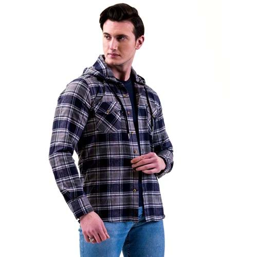 Navy Gray Plaid Double Pockets Wool Men's Hooded Shirt