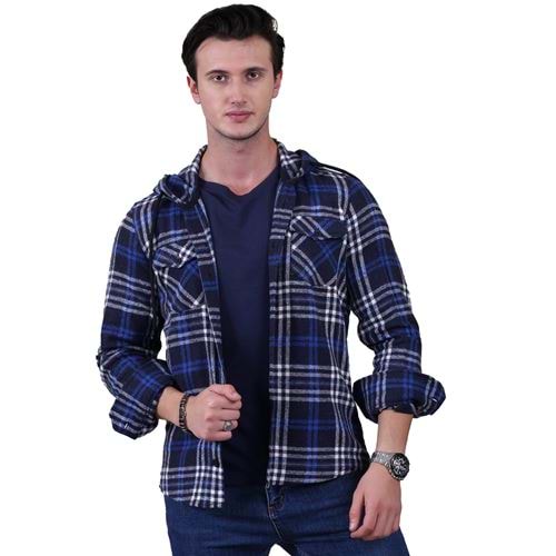 Blue White Navy Plaid Men's Hoodie Jacket Shirt