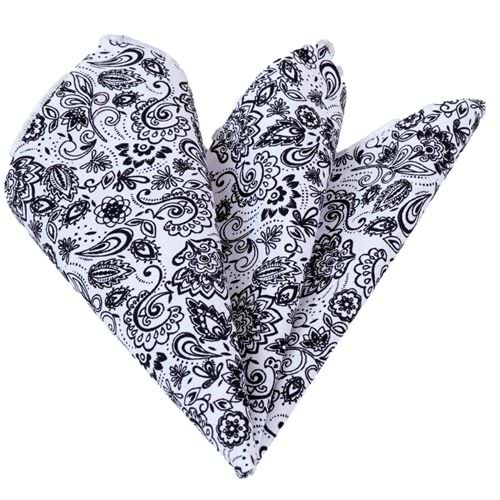Black Paisley on White Pocket Square