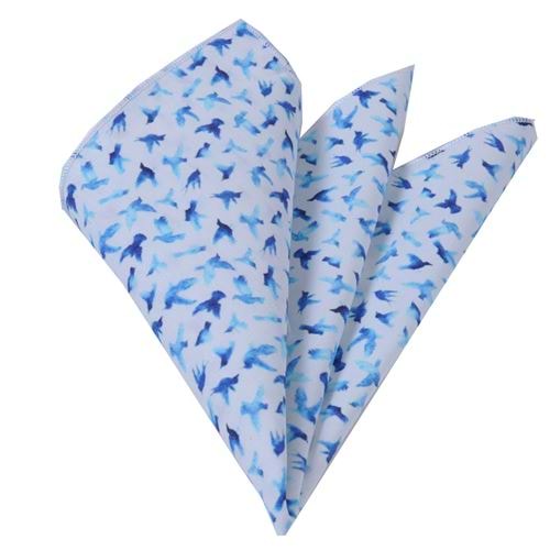 White Blue Seagull Cotton Sateen Pocket Square