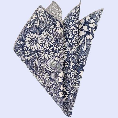 Navy White Floral Pocket Square