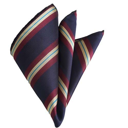 Burgundy Yellow Striped Jacquard Woven Collar Handkerchief on Navy Blue