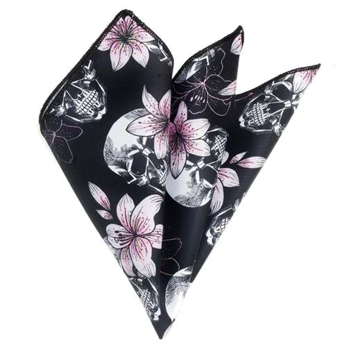 Black and Pink Skull Printed Cotton Pocket Square