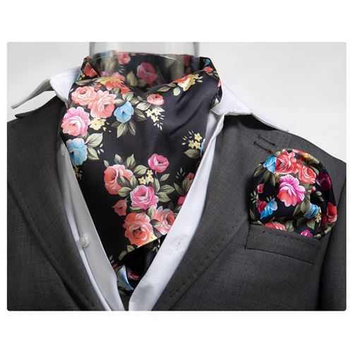 Black Floral Printed Ascot Hanky Set