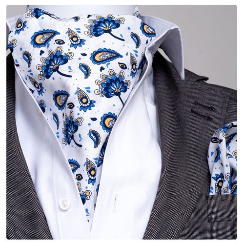 White Blue Paisley Ascot Hanky Set