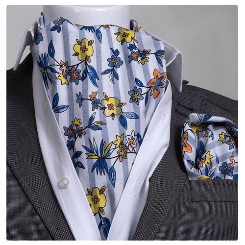 Blue Yellow Floral Ascot Hanky Set